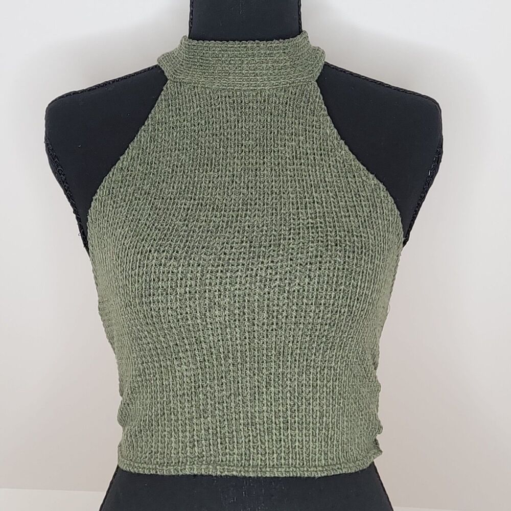 Blue Blush Crochet Open Knit Halter Top S Olive Green Tie Back Handkerchief